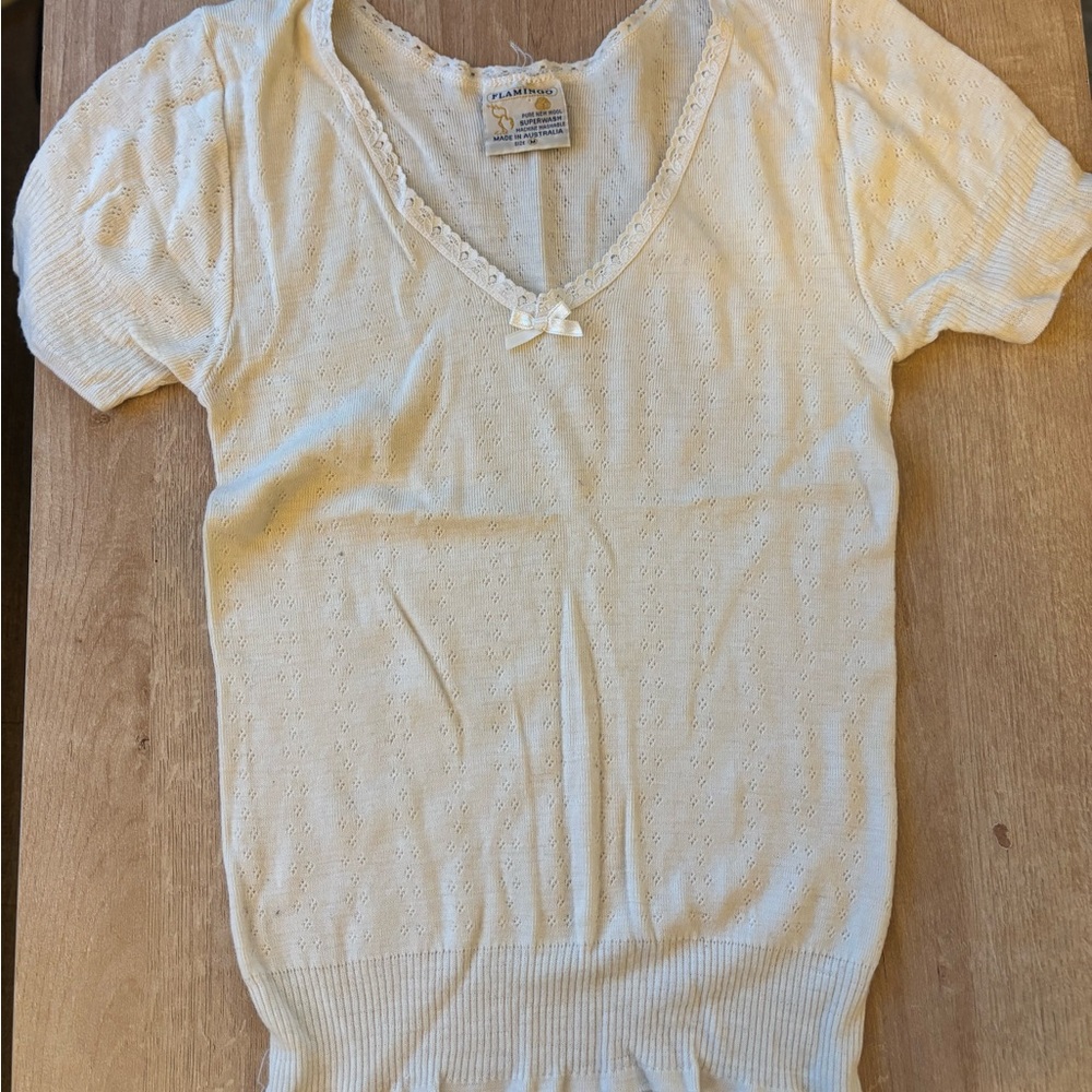 FLAMINGO Pure New Wool Superwash Pointelle Knit Top/Underwear  M Australia